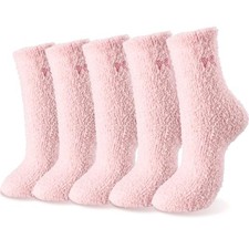5 Pairs Women Bow Fuzzy Socks Fluffy Cozy Slipper Socks for Sleeping Pink