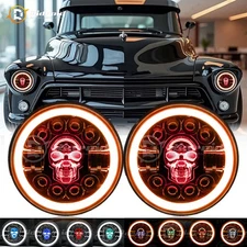 Pair RGB Skull 7" Inch Round LED Headlights DRL For Chevy Chevelle SS 1971-1973