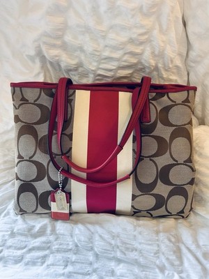 Coach Large Tote Bag Red Brown Logo Striped Shoulder Strap Zip