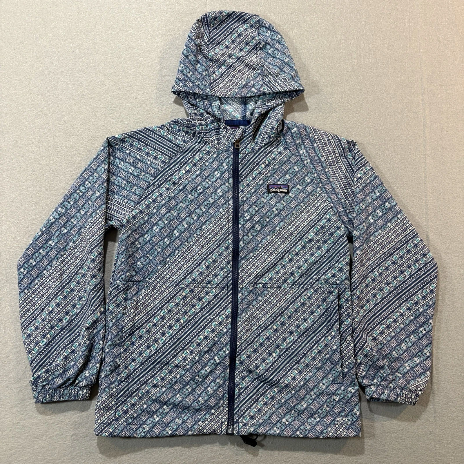 Patagonia Kids Baggies Lightweight Jacket Sz Medium Blue Print Hooded Full Zip