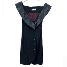 Ann Tobias Vintage Black Button Down Satin Lapel Dress Size Small