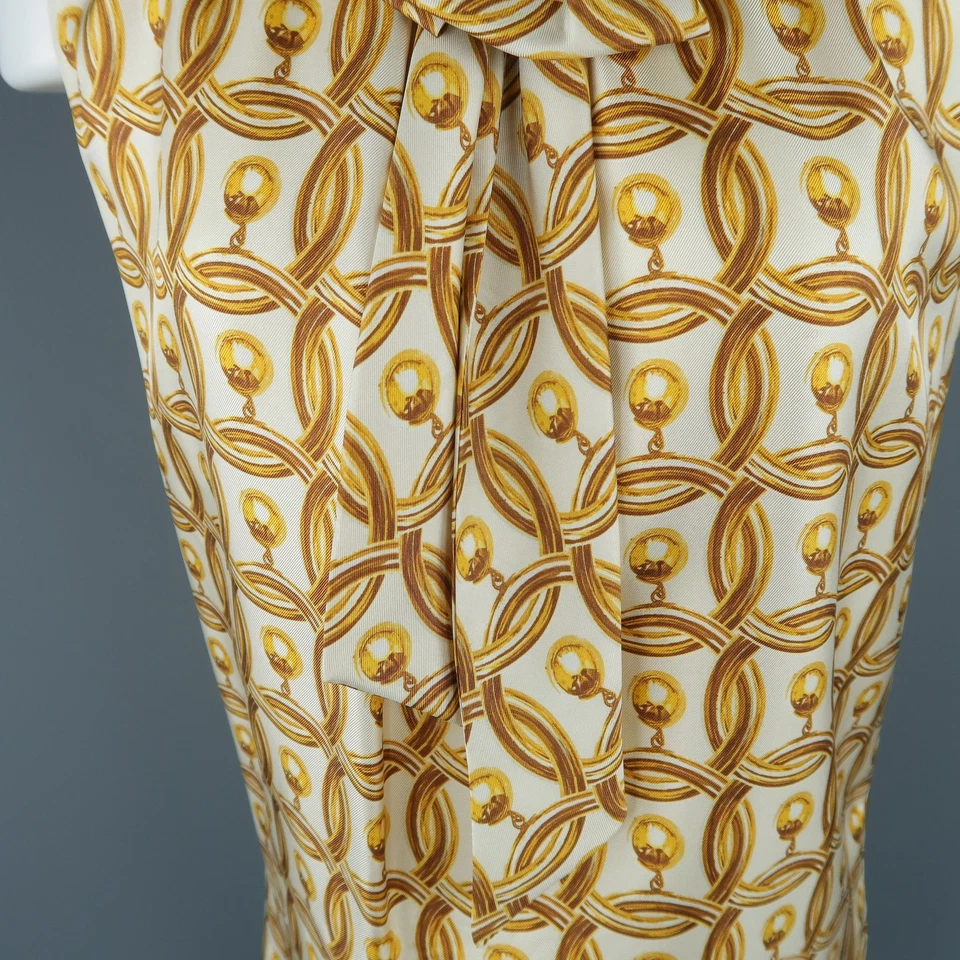 MOSCHINO Talla 6 Oro Crema Aro Pendiente Estampado Seda Vestido Moño Top - Imagen 4 de 4