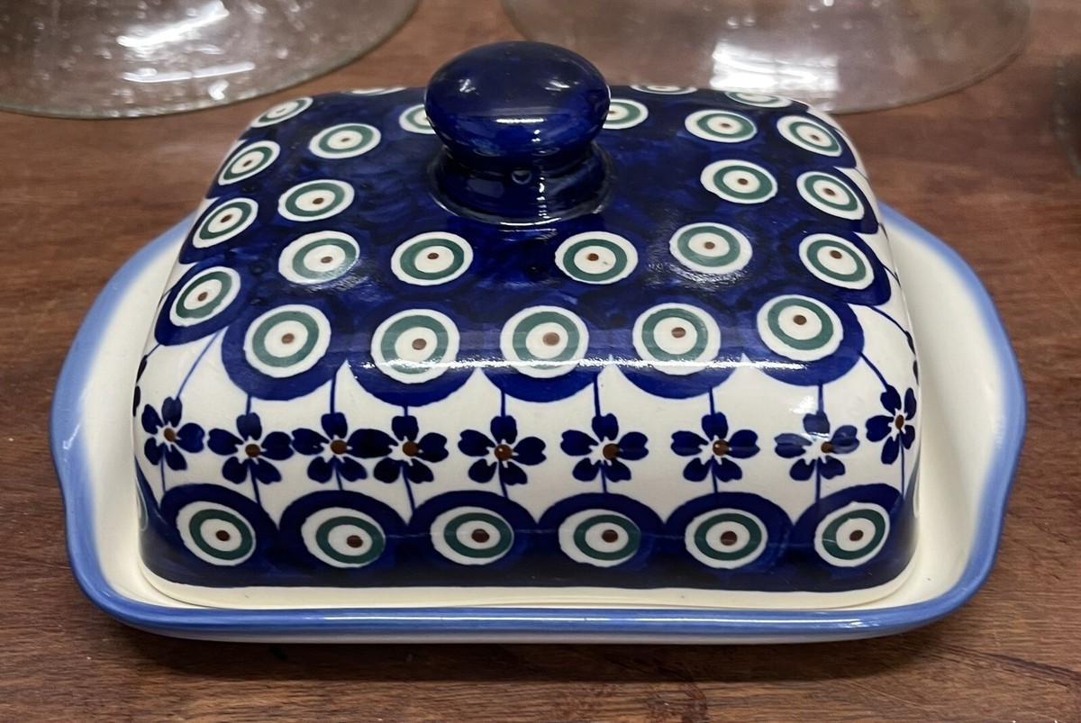 Vtg Boleslawiec Polish Pottery Wide Butter Dish Floral Peacock