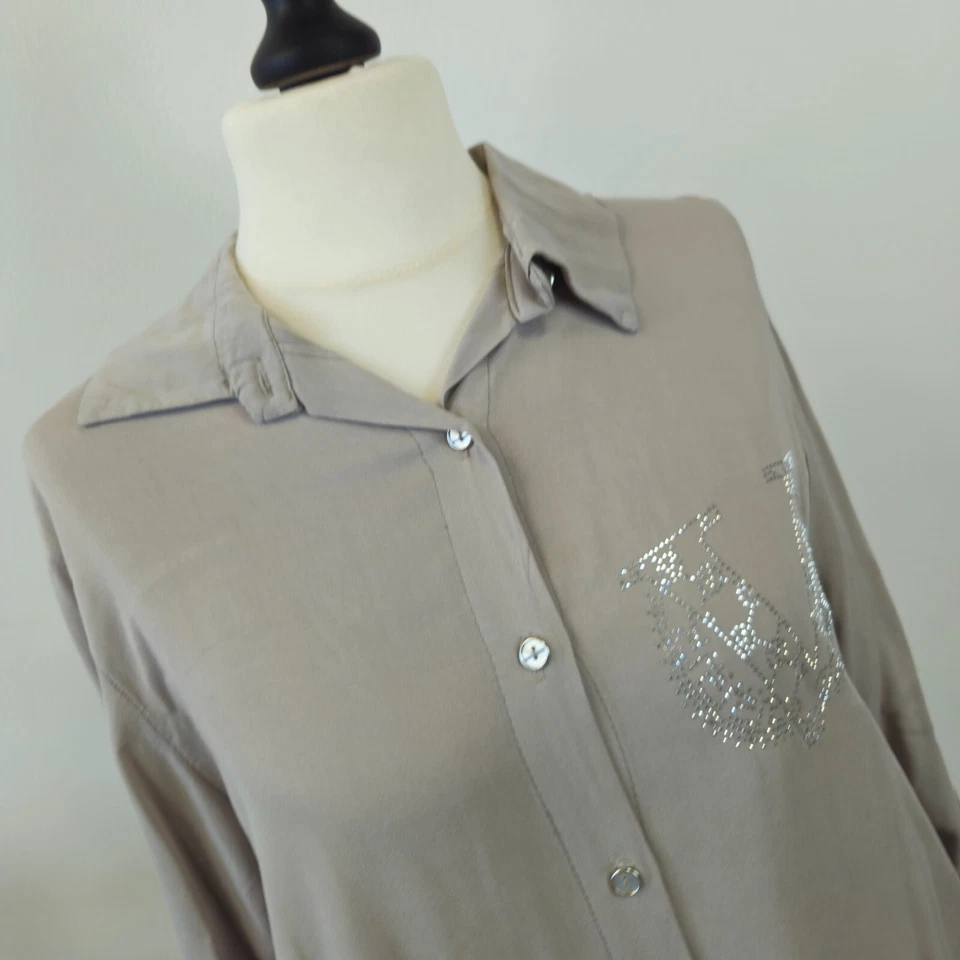 Italy Woman Kleid Midi Hemdblusenkleid mit V Strass Bluse Beige Größe 38 40 42 - Bild 3 von 4