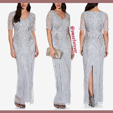 NWT 349 Adrianna Papell V-neck Beaded Gown in Glacier SZ 0 S17