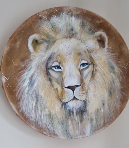 Spiritual handmade drum with hand painted lion