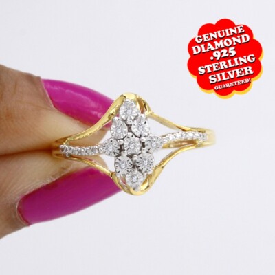 14K Yellow Gold Plated Round Cut White Natural Diamond Accent Cluster Ring