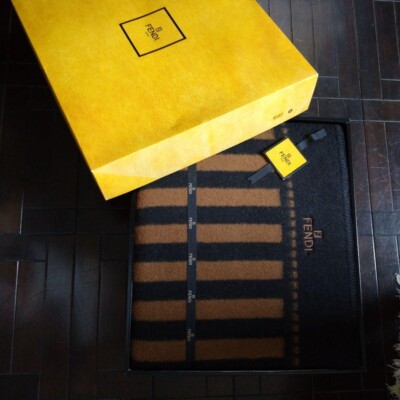 FENDI Wool Blanket 150×210cm Stripe Brown Black w/Box Very FENDI Wool Blanket 150×210cm Stripe Brown Black w/Box Very