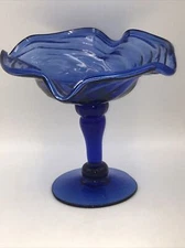 Dark Aqua Blue Swirl Glass Ruffled /Crimped Candy Dish Or Trinket Pedestal 5”