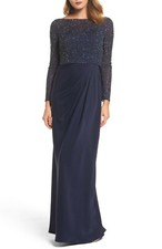 LA FEMME Navy Beaded Embellished Sheer Mesh Bodice Pleated Maxi Gown Dress 6  S