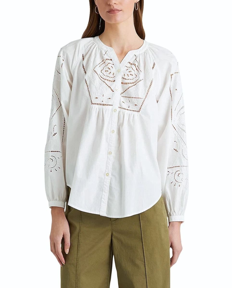 Lauren Ralph Lauren Eyelet Cotton Broadcloth Blouse in White NWT$145