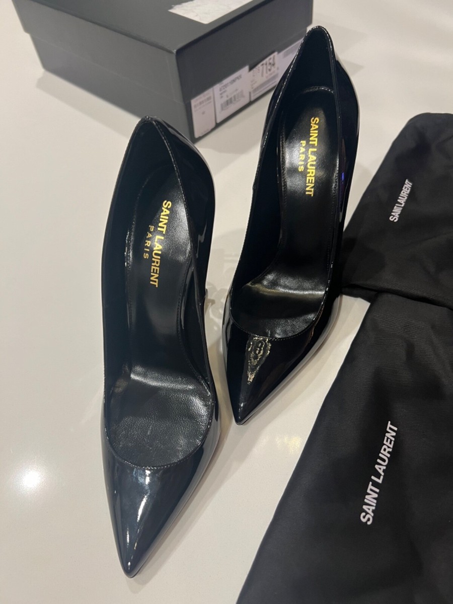 NEW YSL SAINT LAURENT OPYUM Black Patent Logo Heels Pumps Shoes