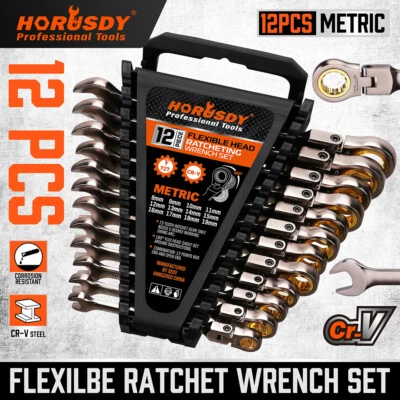 12PC Flexible Ratchet Spanner Wrench Set Metric 8-19mm With Storage Rack