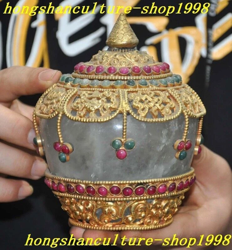 5,2" Tibete antigo budismo cristal prata filigrana incrustada gema pote tanque Crock - Imagem 4 de 4