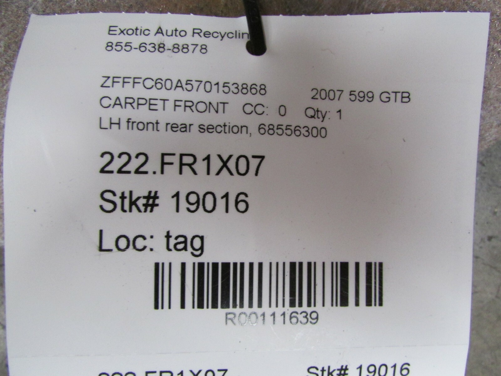 Ferrari 599 GTB, LH, Left Front Carpet Rear Section, Used, P/N 68556300