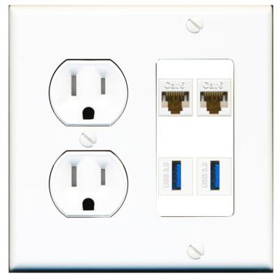 RiteAV 2 Port Cat6 2 USB3 Wall Plate Tamper Proof [White]