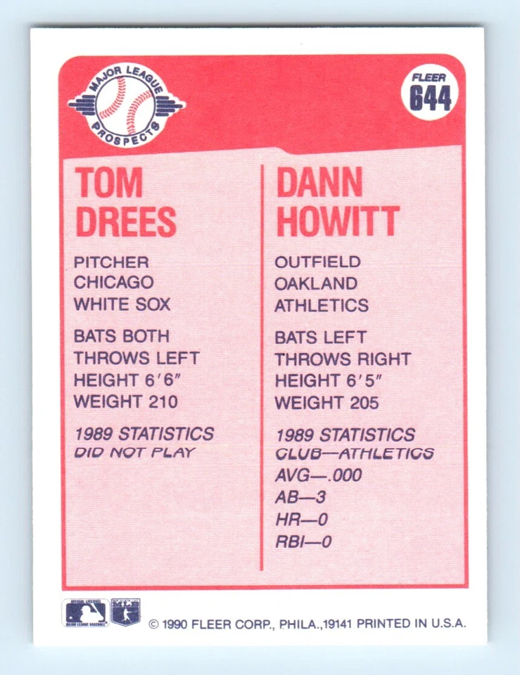 1990 Fleer Tom Drees/Dann Howitt Rookie Chicago White Sox/Oakland Athletics #644 - Image 2 of 2