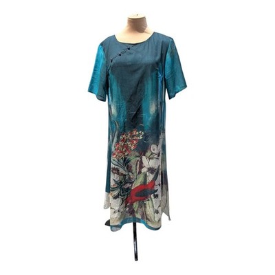 Vicky &Lucas Midi Shift Overlay Dress Size XL Pullover Floral Bird Summer Green 