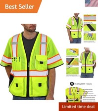 Reflective Mesh Vest ANSI Class 3, High Visibility with Pockets and Zipper, Y...