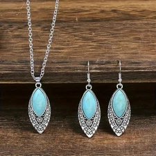 Ethnic Women Turquoise Dangle Bohemian Turquoise Necklace + Earring Jewelry Set