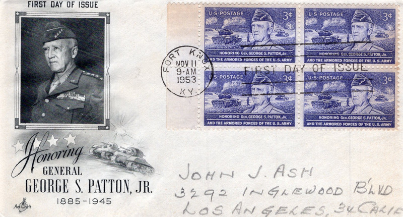1953 #1026 GENERAL GEORGE PATTON BLOCK OF 4 FDC W/ ART CRAFT CACHET GEM!