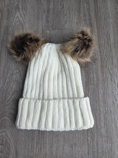 Cozy Cream Knit Hat With Faux Fur Pom Poms Onesize