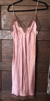 Victoria s Secret 100% Silk Pink Brown Lace Chemise Babydoll Slip Dress M