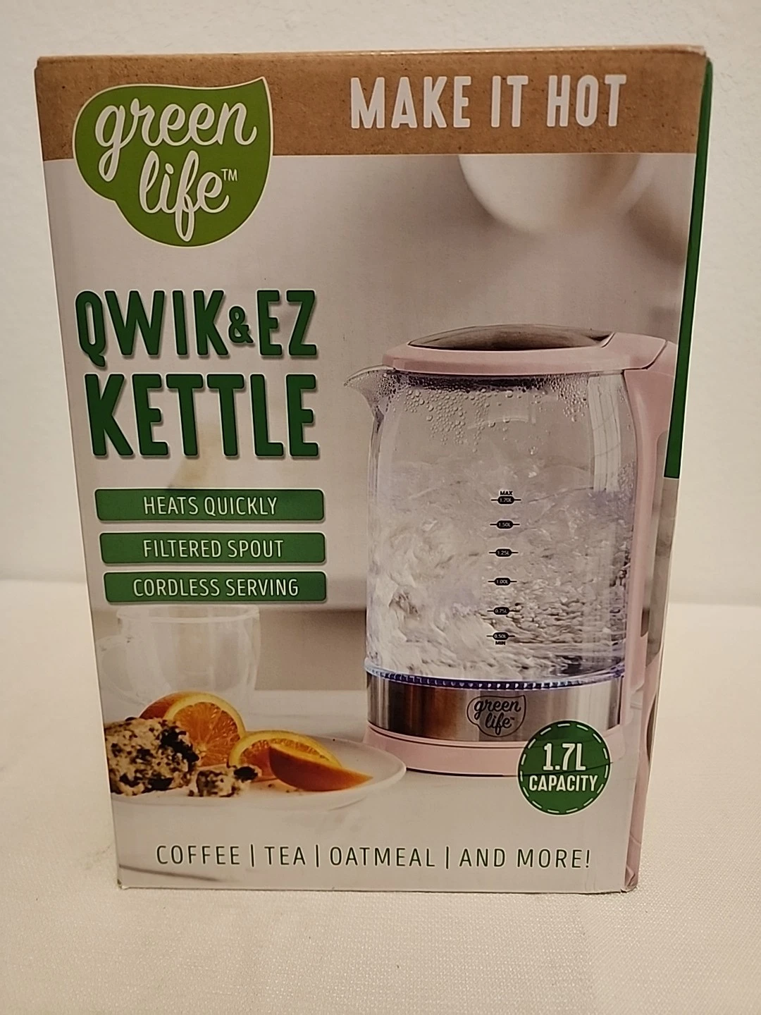 Green Life Qwik & Ez Electric Kettle 1.7L, Filtered Spout, Pink, New