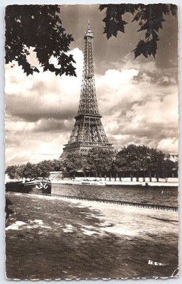 1957 Paris Eiffel Tower Seine River RPPC Postcard France Posted