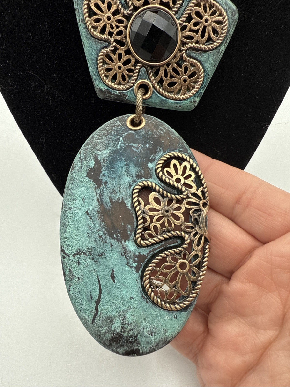 Large Statement Necklace Rhinestone Distressed Gr… - image 3