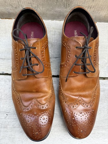 Mens M&S Tan Brown Leather Derby Lace up Brogue Shoes Almond Toe Size 12 47 Wide - Picture 7 of 14