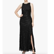 Alex Evenings 6P Sleeveless Front Slit Cascade Ruffle Sequin Lace Stretch Gown