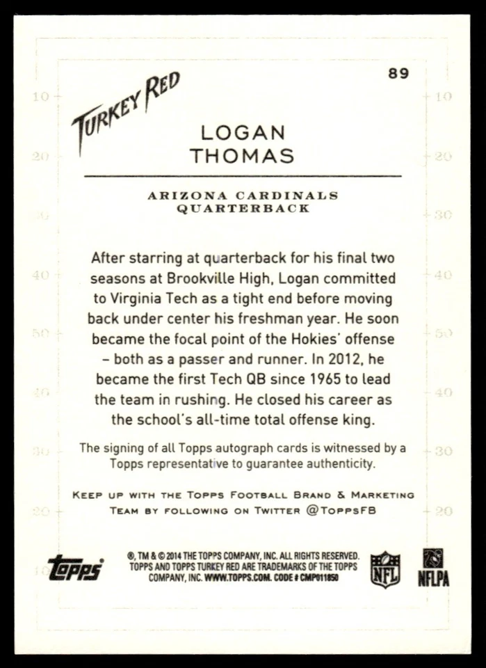 2014 Topps Turkey Red Autographs Green Logan Thomas Auto Arizona Cardinals #89 - Image 2 of 2