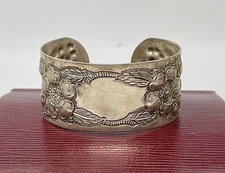 Vtg Hand Chased Sterling Silver Repousse Floral Engraveable Cuff Bracelet Signed