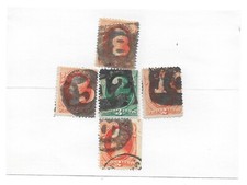 FANCY CANCEL 5 NUMBERS Cancel on Orange + Green Stamps RARE FIND- 8, 5, 12, 10,