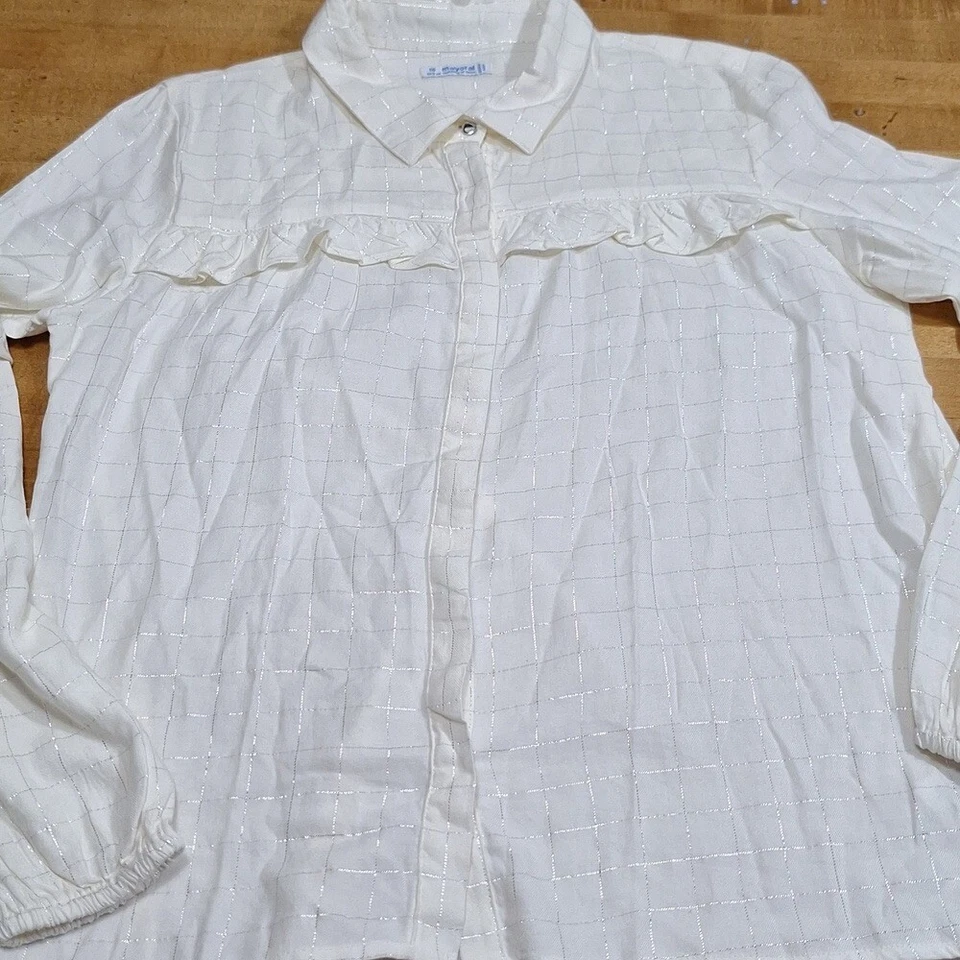 Mayoral кремовый с оборками блузка серебряная сетка акцент девочек Sz 16 равный Wom M-L - Изображение 2 из 4