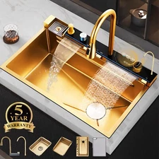 Brushed Gold Flying Rain Stainless Steel Waterfall Kitchen Sink Pull Down Faucet