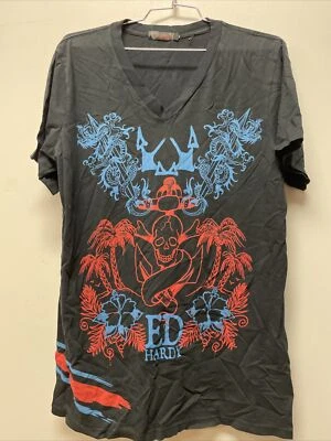 Ed Hardy Christian Audigier Men’s S/S GRAY V NECK Graphic T-shirt xL New DETH - Image 1 of 4