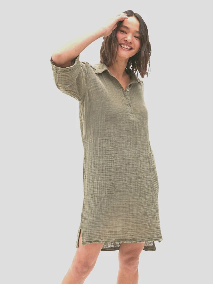 Michael Stars Women Sz S Cecily Cotton Gauze Green Gray Crinkle Dress PLZ READ - Image 2 of 4