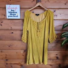 Naif Mustard Yellow Dress Crochet Lace Trim Embroidered Boho Shift Petite Sz XL