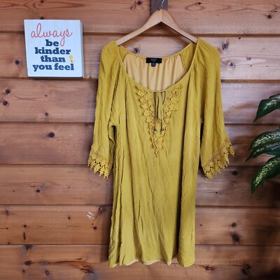 Naif Mustard Yellow Dress Crochet Lace Trim Embroidered Boho Shift Petite  Sz XL