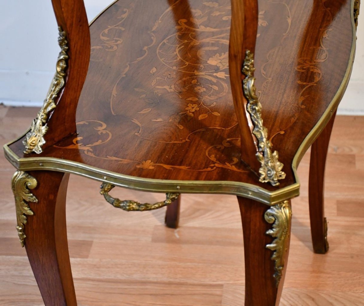 1910 Antique French Louis XV Walnut Satinwood inlaid two Tier side