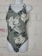 Kona Sol One Piece Swimsuit Large Green White Floral O-ring Adj. Strap V-neck