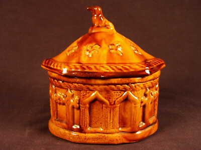 Yellow Ware Rockingham Dogs RARE 1800s GOTHIC ARCH SUGAR BOWL w/ DOG LID ROCKINGHAM GLAZE YELLOW ...