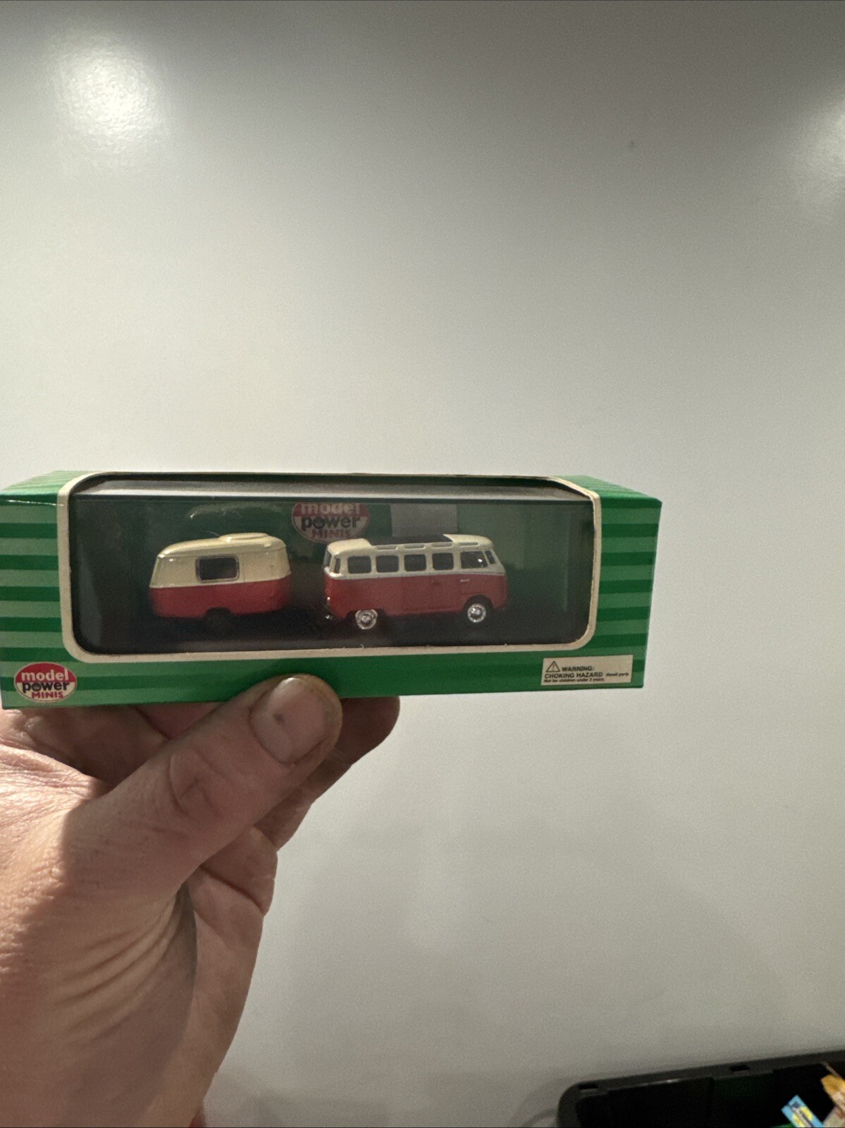 Model Power Minis VW Bus with Camper Trailer, 1:87, #19680, Blue/White, New