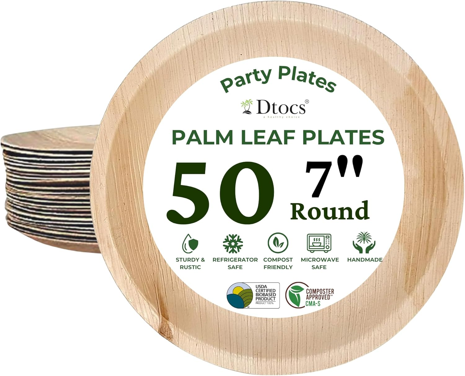 Palm Leaf Plates 7 Inch round (50) | Bamboo Plates Disposable Look Cocktail Plat