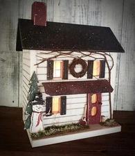 Farmhouse , Snowman , Lighted House , Primitive House , Rustic Birdhouse, Winter