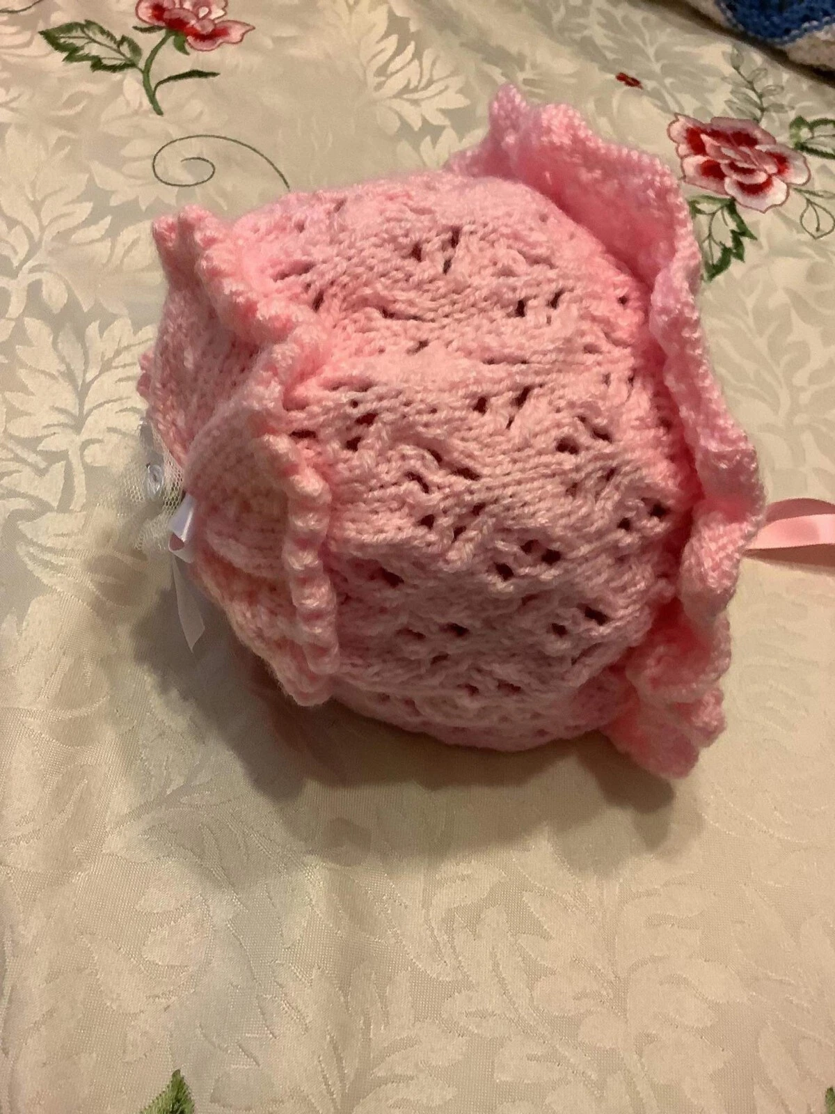 Beautiful Hand Knitted Baby Bonnet Pink Wool
