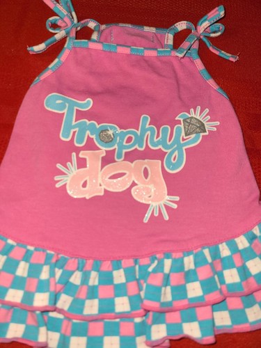 NEW DOG DRESS BY SIMPLYDOG ♡ PINK TEAL WHITE "TROPHY DOG" DRESS ♡ SIZE SMALL - Picture 2 of 4