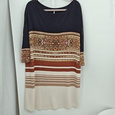 Free People Dress Size Small Blue Brown Ivory Print Knee Length 3/4 Sleeve